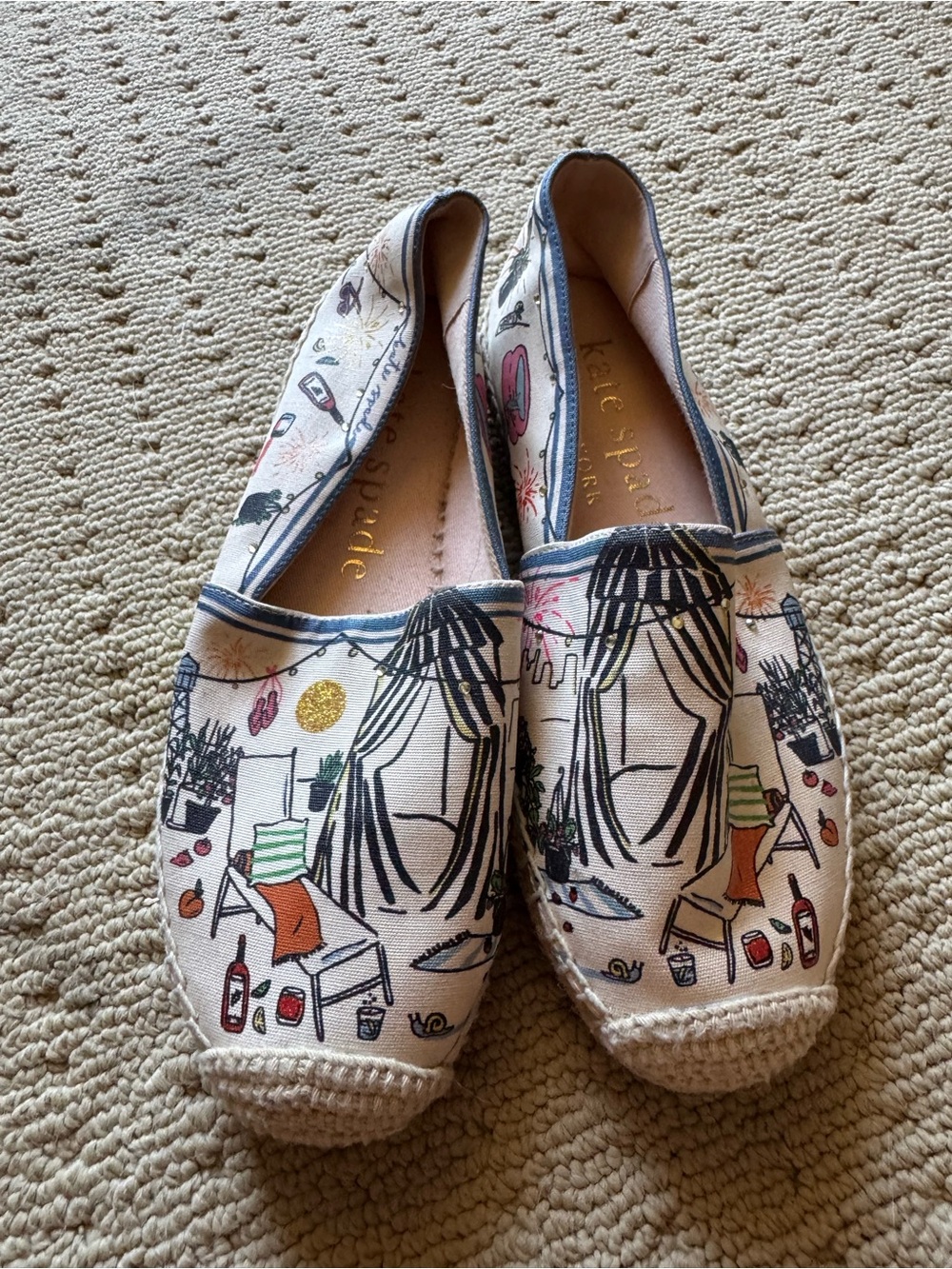 kate spade NWOB Canvas Espadrilles with Illustrated Summer Scene - Cream & Black